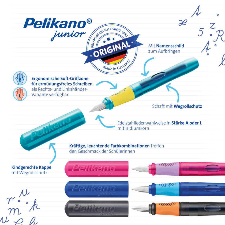 Fountain pen, ergonomischer Griff, Einfassungsschutz?, Metallfeder?, bunte Stifte