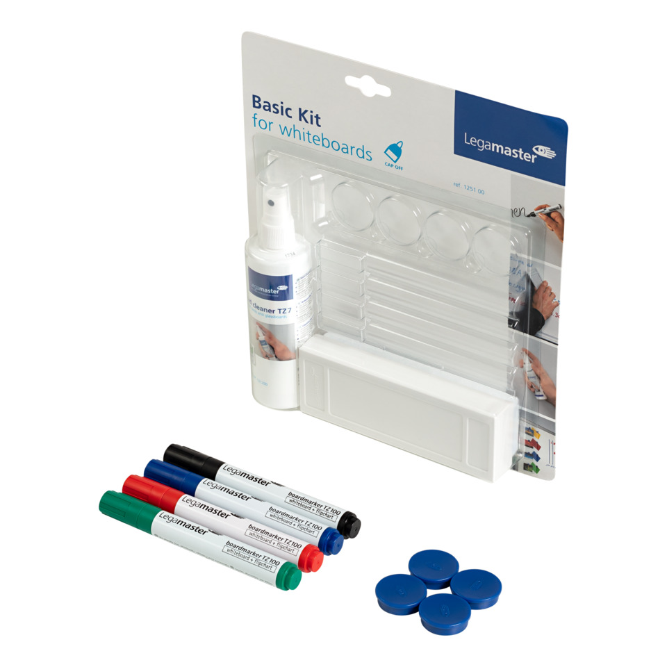 Whiteboard kit, Marker set, Board markers, Whiteboard cleaner, Caps and lids
