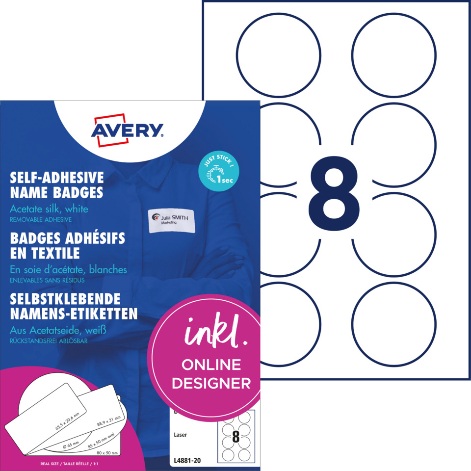 Self-adhesive, Name badges, Acetate silk, Removable adhesive, Badge sheets