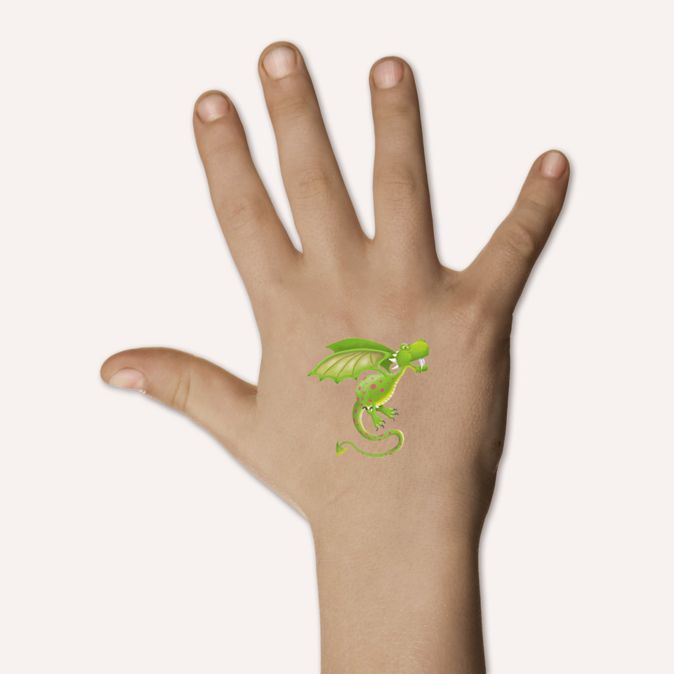 Einhorn?, Handtattoo, Drache, grüne Farbe, Kinder Tattoo
