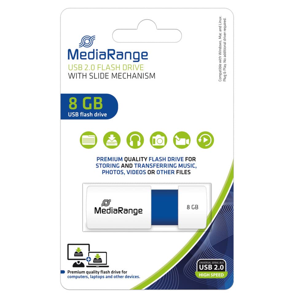 USB Flash Drive, 8 GB, MediaRange, USB 2.0, Slide Mechanism