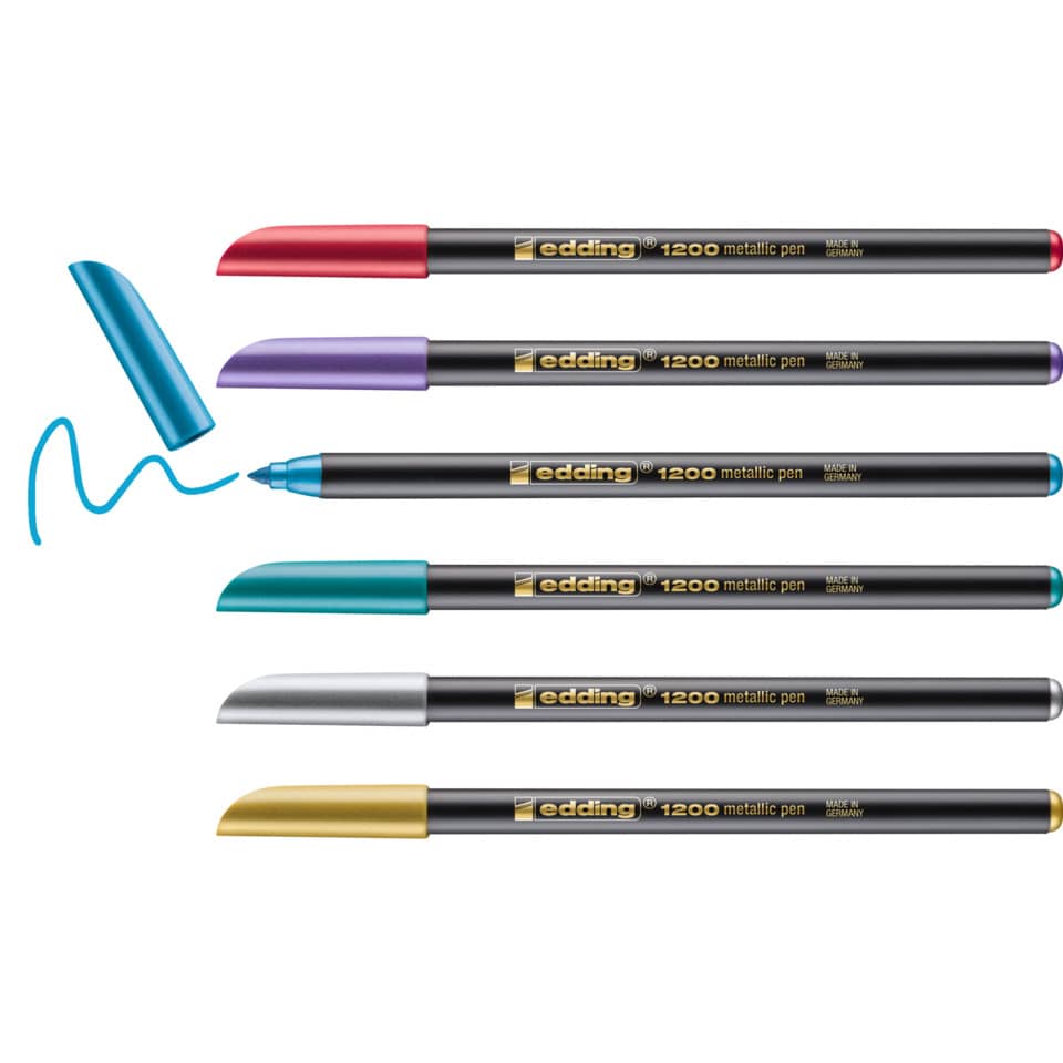 Metallicstift, Mehrfarbiges Set, bunte Kappen, feine Spitze, blaues Tinten