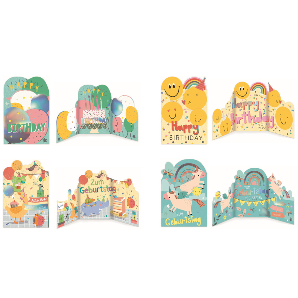 Birthday cards, bunte Kunst, farbenfroh, Grußkarte, Aufklappkarte