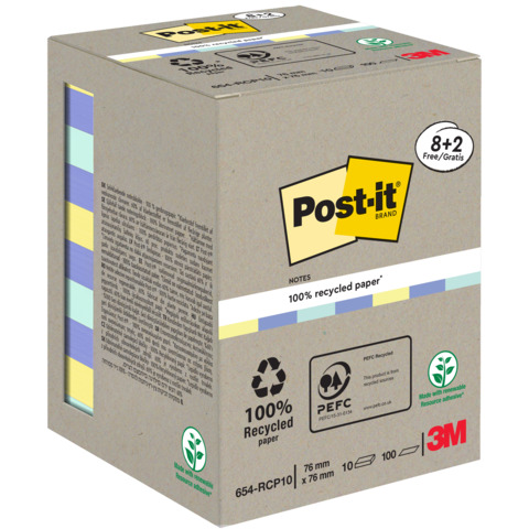 Haftnotizblock Recycling Notes Promotion, 76x76cm, 10x100 Blatt, sortiert POST-IT 654-RCP10