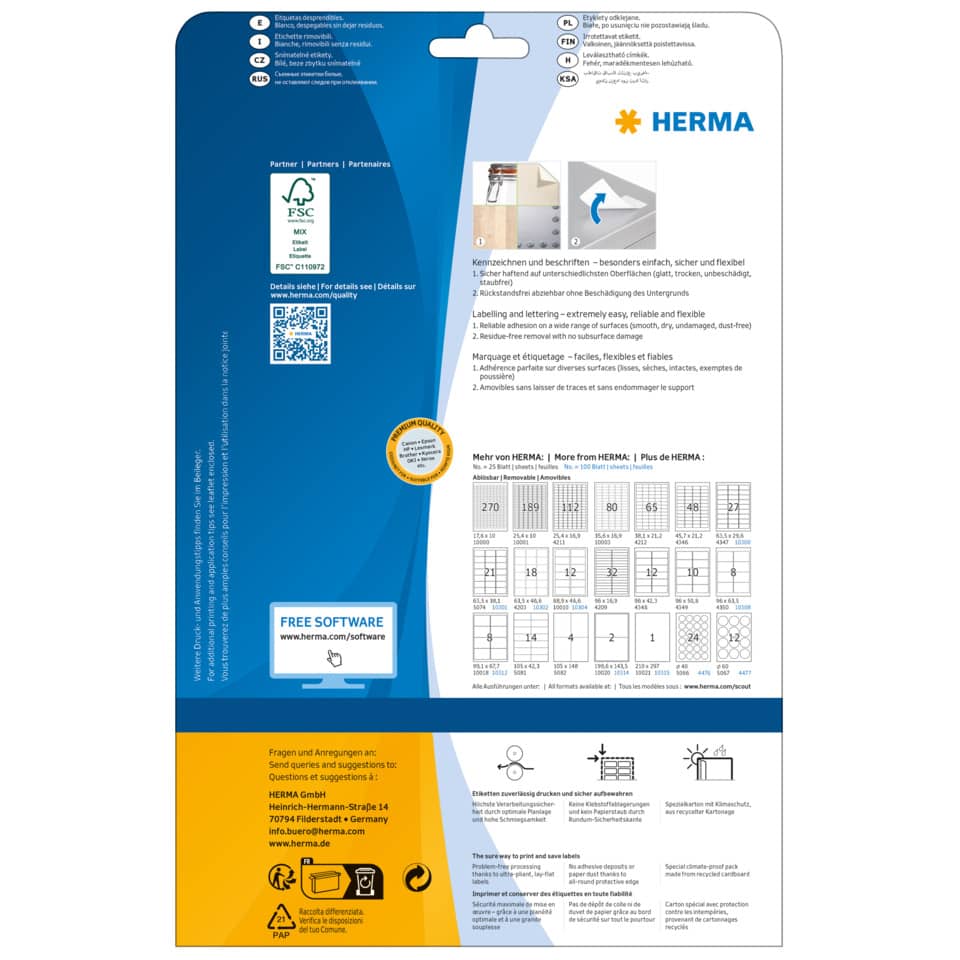 packaging, instruction-labels, blue packaging, Herma, QR code