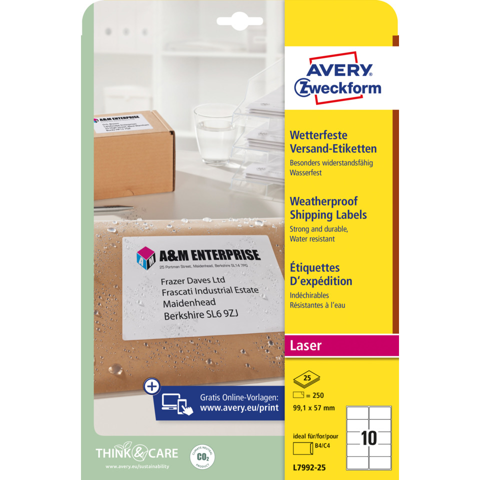 Shipping labels, Wetterfest, Laser, Avery, Etiketten, Versandetiketten, Lasertikett, Wetterfest, Avery-Etikett, Kartonbox