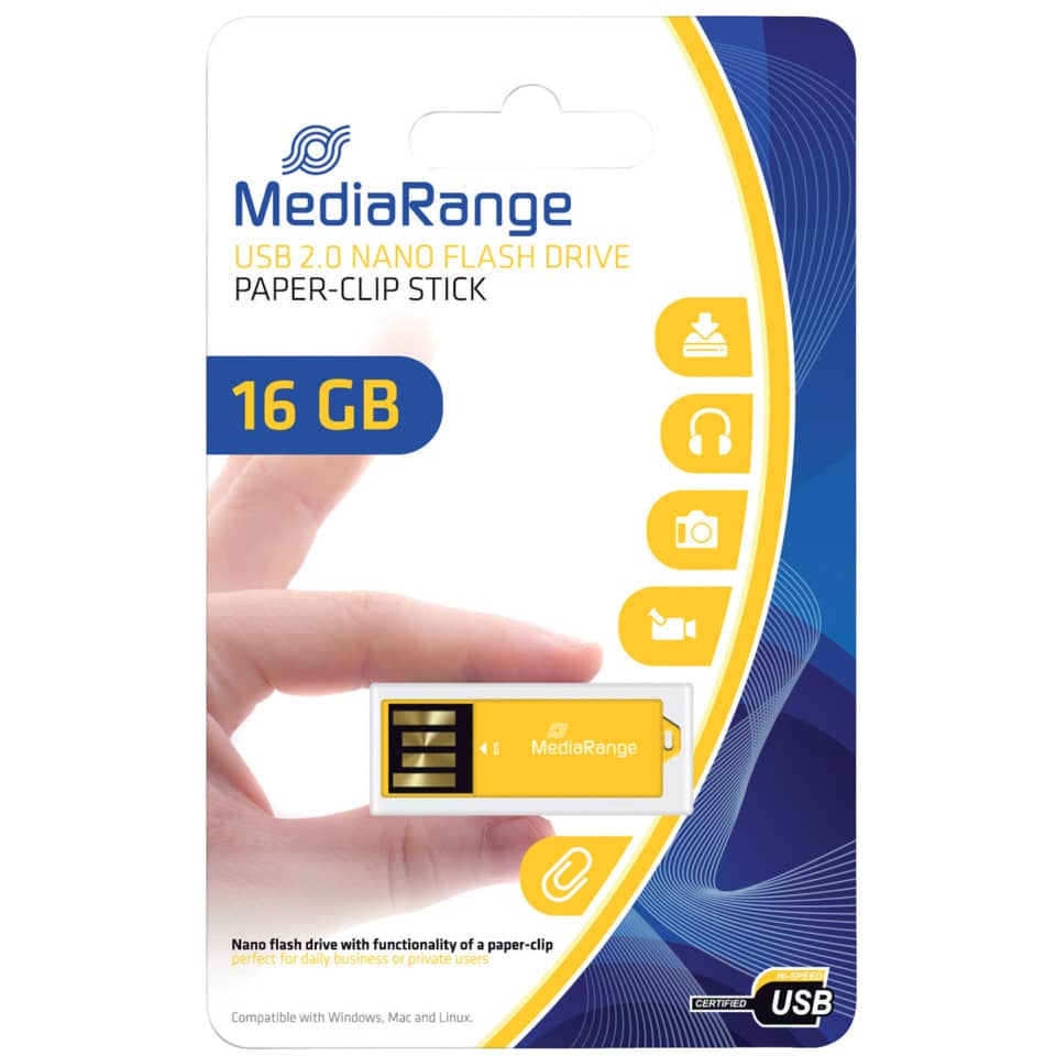 USB 2.0, Nano Flash Drive, 16 GB, Paper-clip Stick, MediaRange