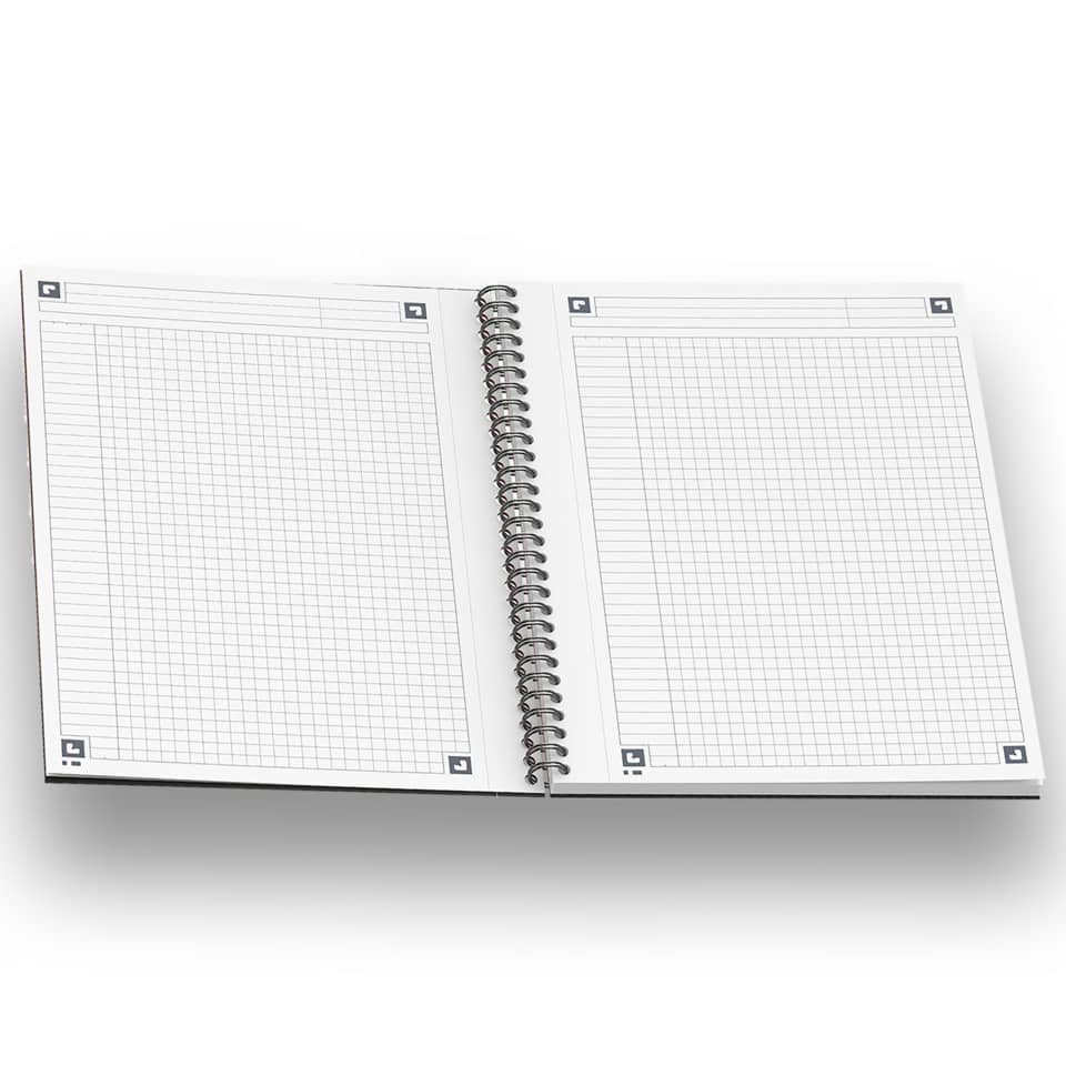 notebook, spiral-bound, grid pages, lined grid, open notebook