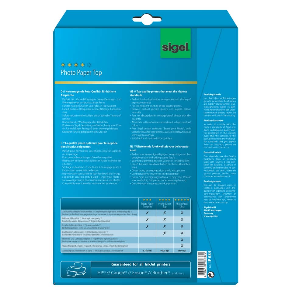 Foto Papier Oberseite, A4 Fotopapier, blaue Verpackung, Sigel, Druckerpapier