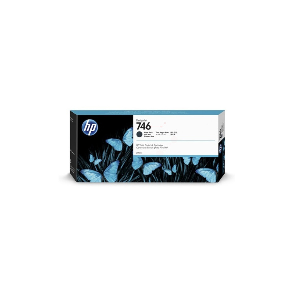HP cartridge, DesignJet 746, Tintenpatrone, blaue Schmetterlinge, schwarze Verpackung