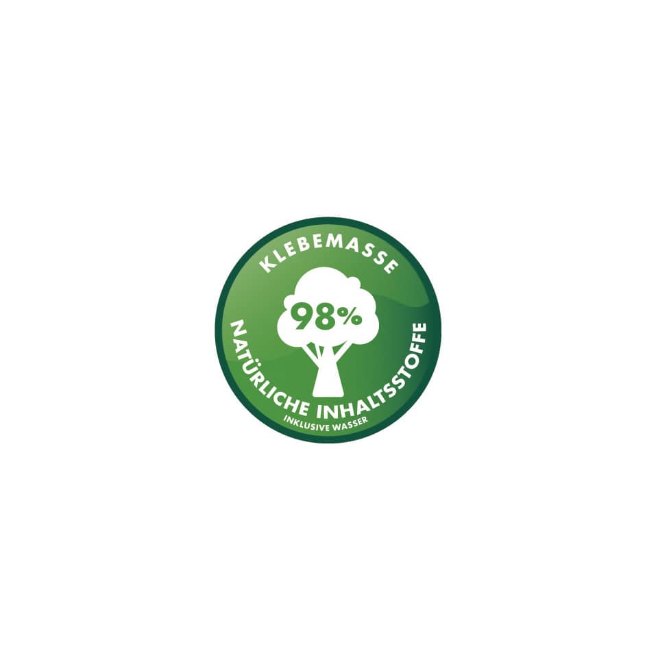 90% natürliche Inhaltsstoffe, Klebemasse, BaumLogo, Naturtextil, 98%