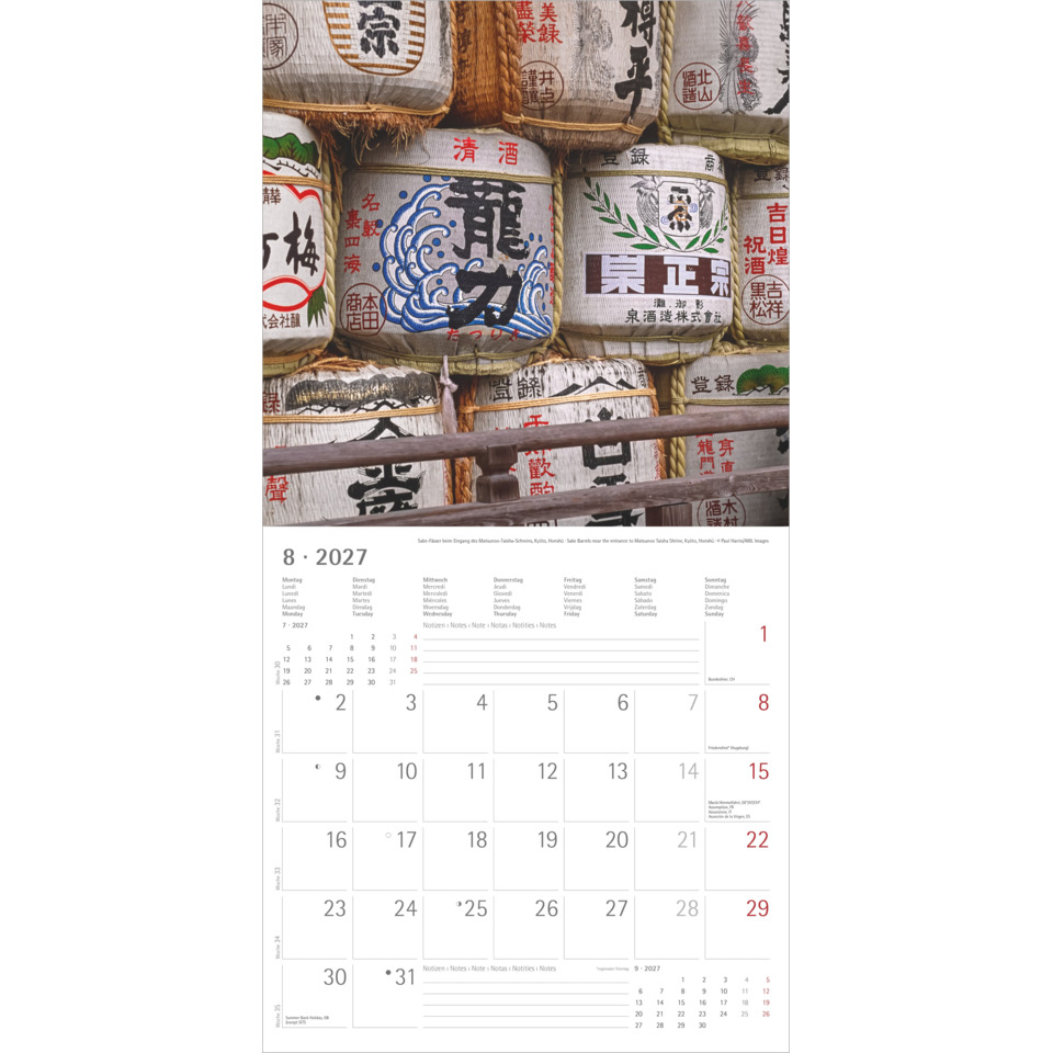Reisekalender, Monat August 2027, Kalender, Wochentage, Japanische Sake-Fässer