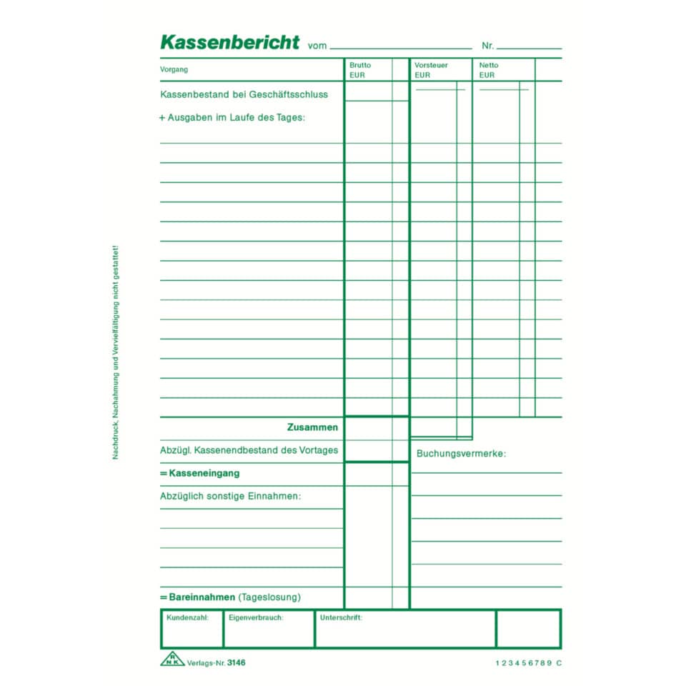 Kassenbericht, Kassenformular, Rechnungsformular, Kasseneinnahmen, Kassenbestand