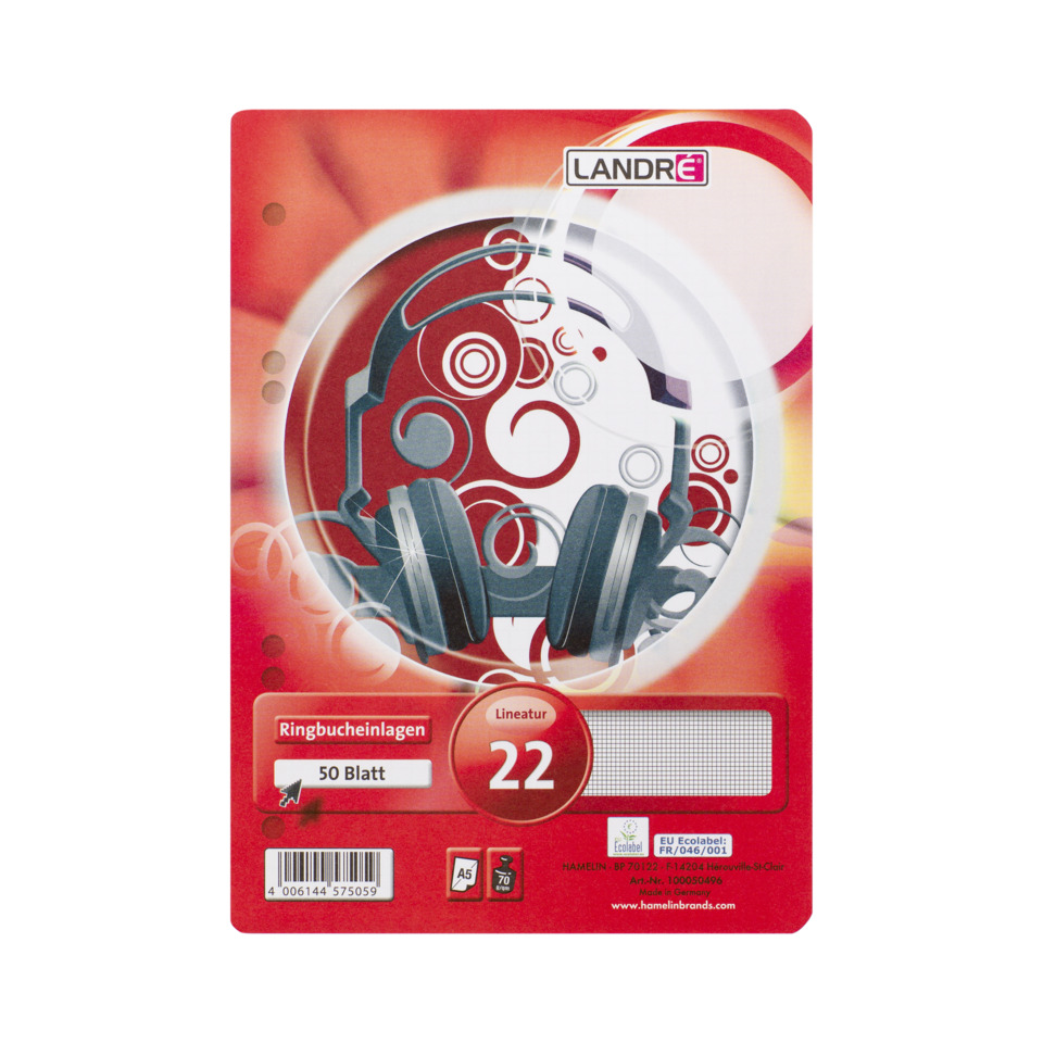 kopfhörer, headset, ringbucheinlagen, 50 blatt, lineatur 22