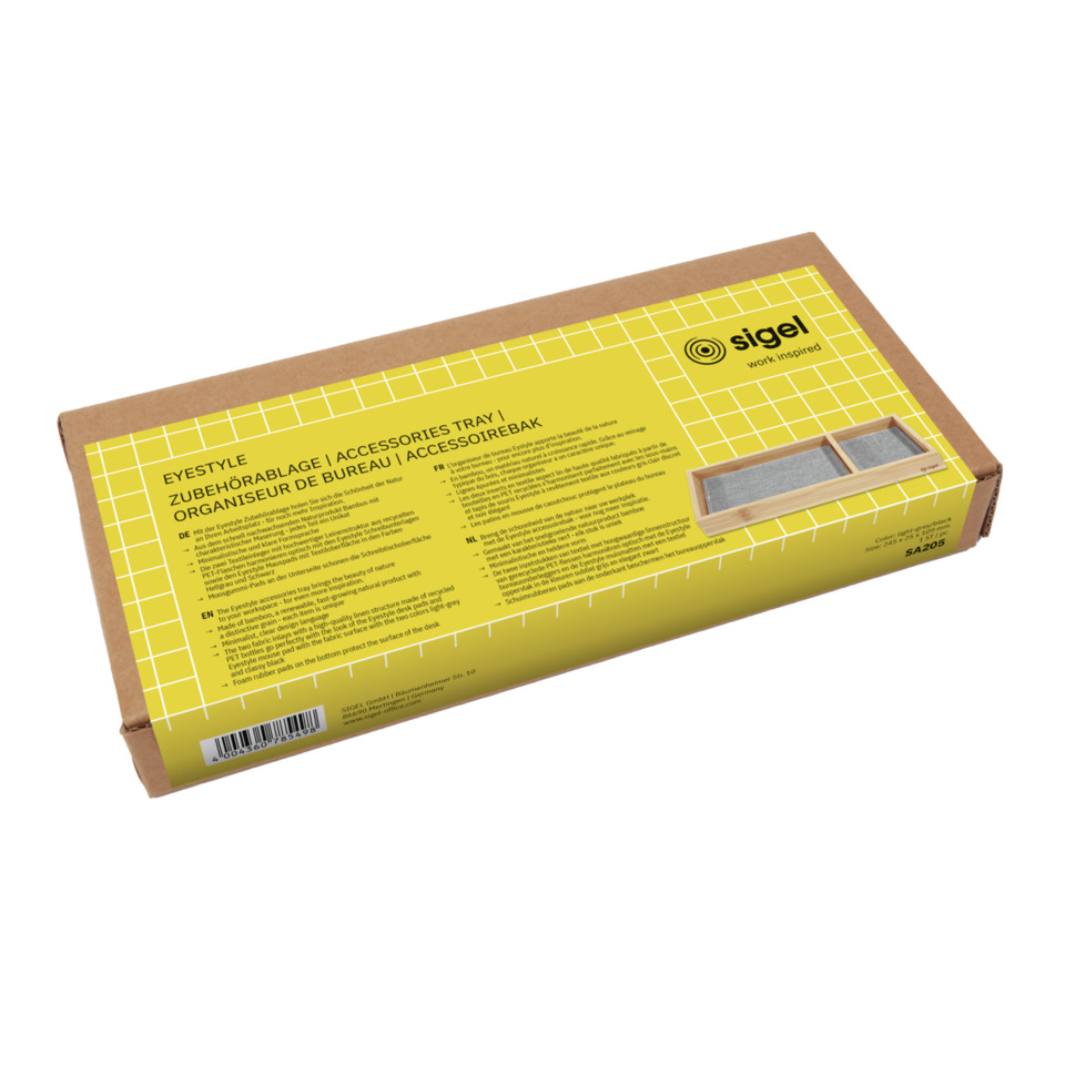 Eyetstyle Zubehörtablett, gelbe Verpackung, Holzrahmen, Schlitztablett, Sigel Markenlabel