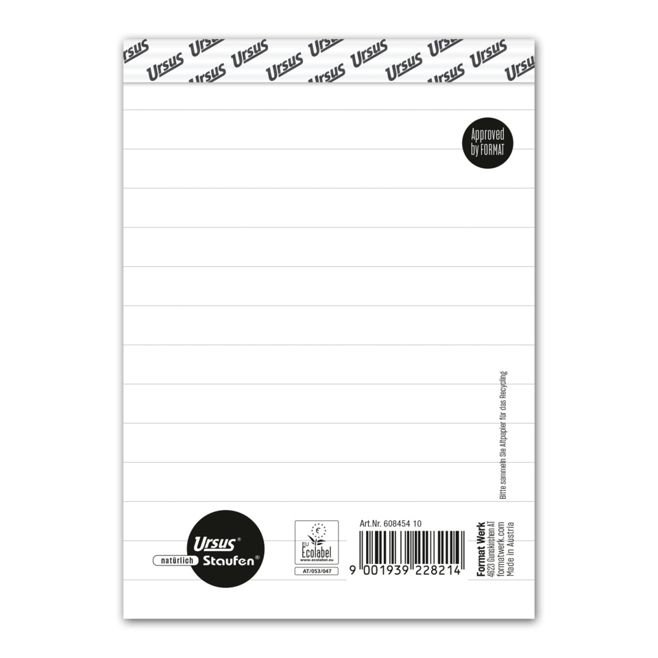 notebook, notizblock, linierte seiten, papierarmband, format austria