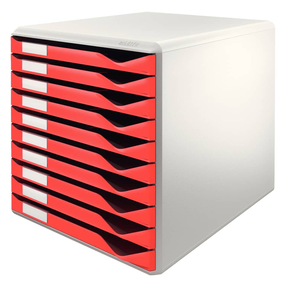 Schubladenschrank, rote Schubladen, Aufbewahrungsschrank, Kunststoffschubladen, Werkzeugschrank