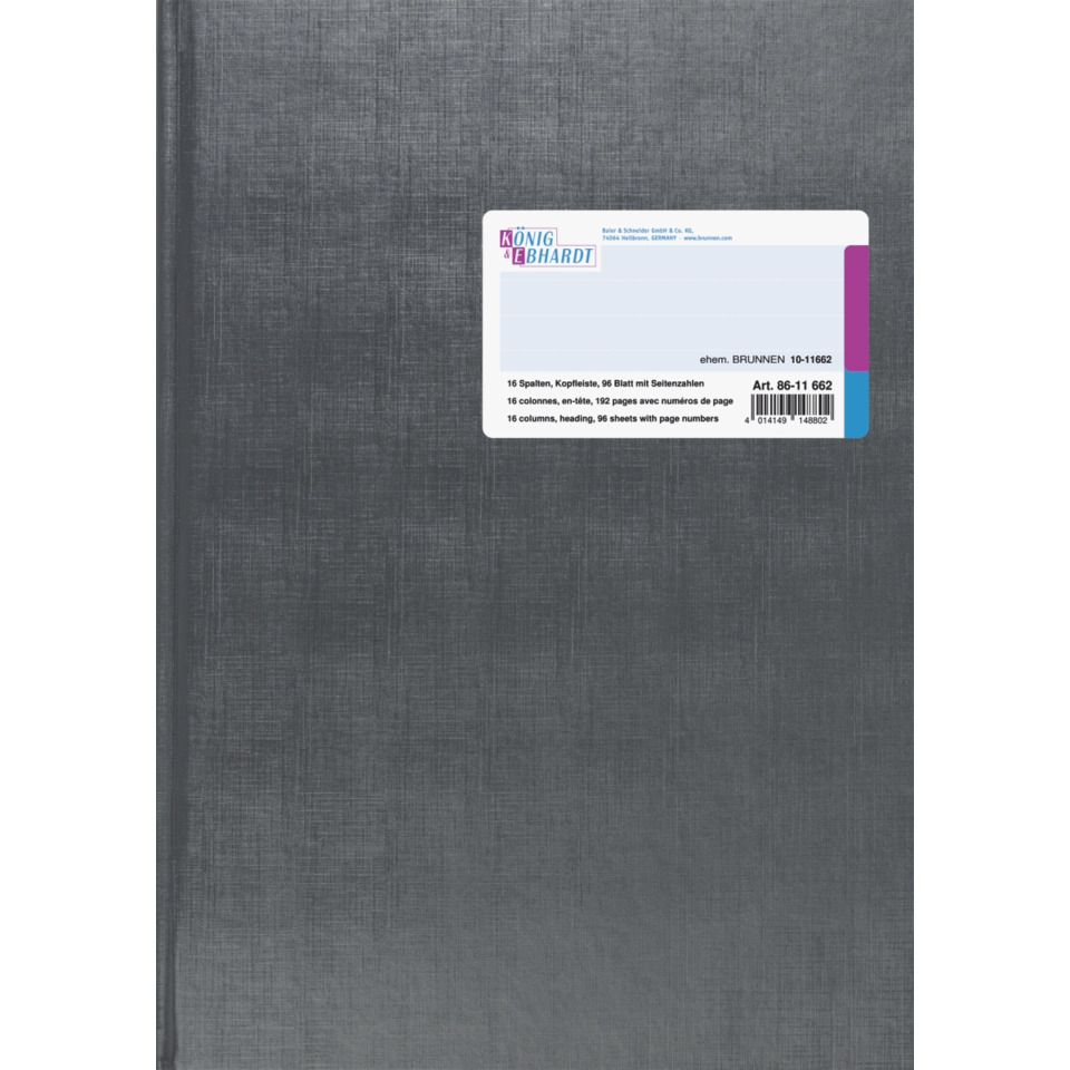 Spaltenbuch mit Kopfleiste A4, 192 Seiten, mit Seitenzahlen, 16 Spalten, Kunststoff, grau KÖNIG & EBHARDT 8611662