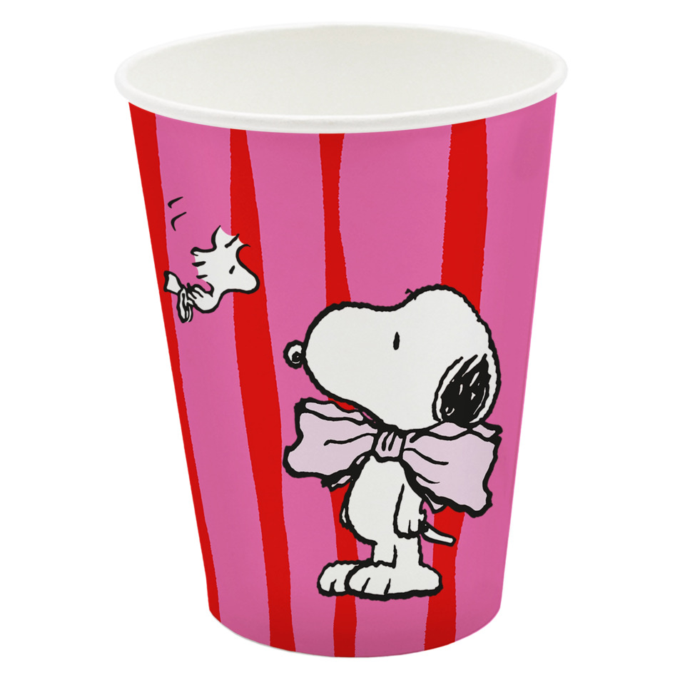 Becher, Pappe?, Papierbecher, Snoopy, Peanuts, Schleife, Rosa, Streifen, Motiv, Becherung