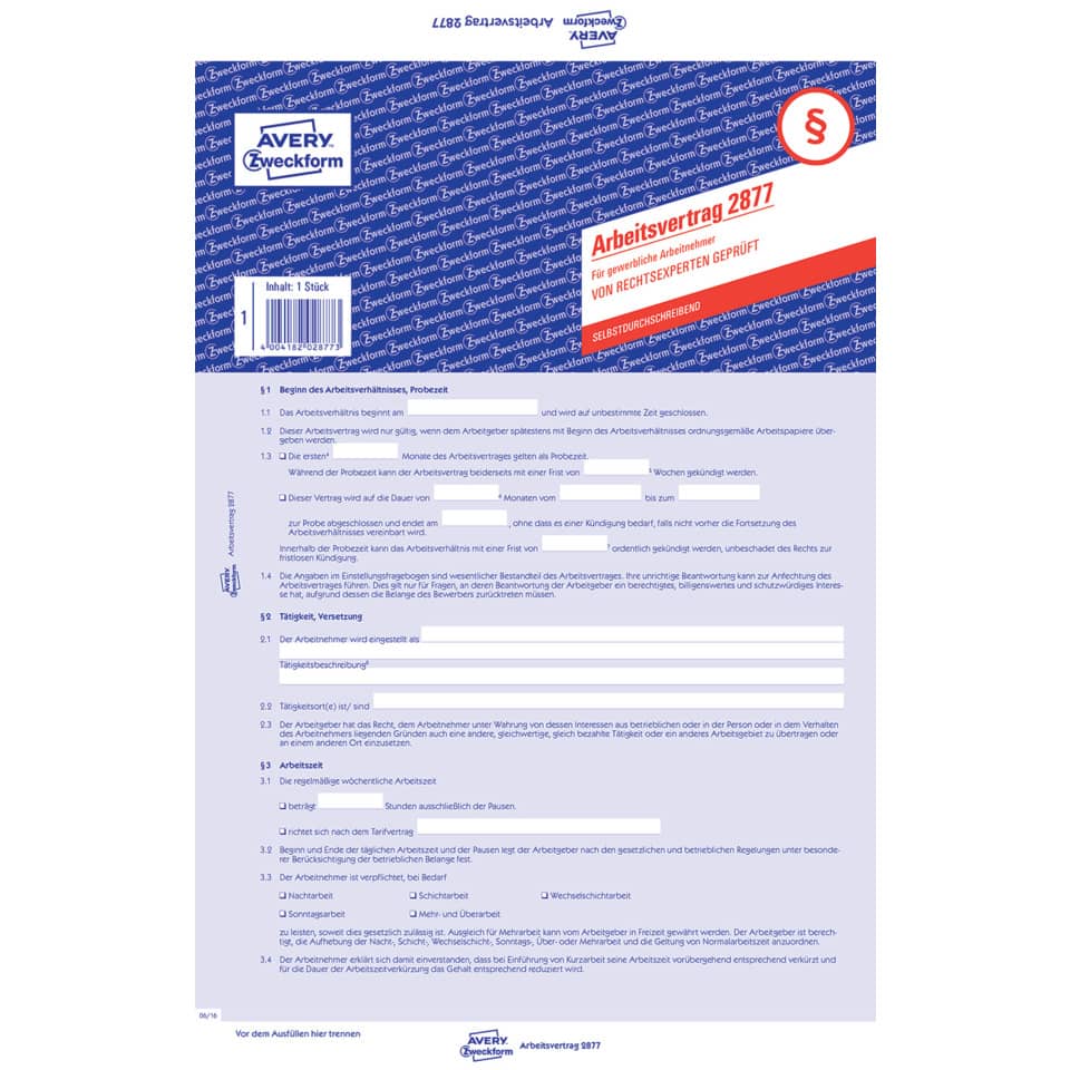 Arbeitsvertrag, Formular, Blaue Muster, Avery Zweckform, Barcode