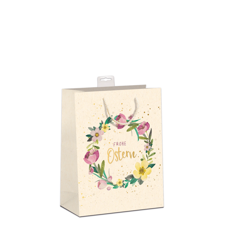 Geschenktüte, Ostern, Frühlingsdesign, Blumenkranz, Papiertragetasche