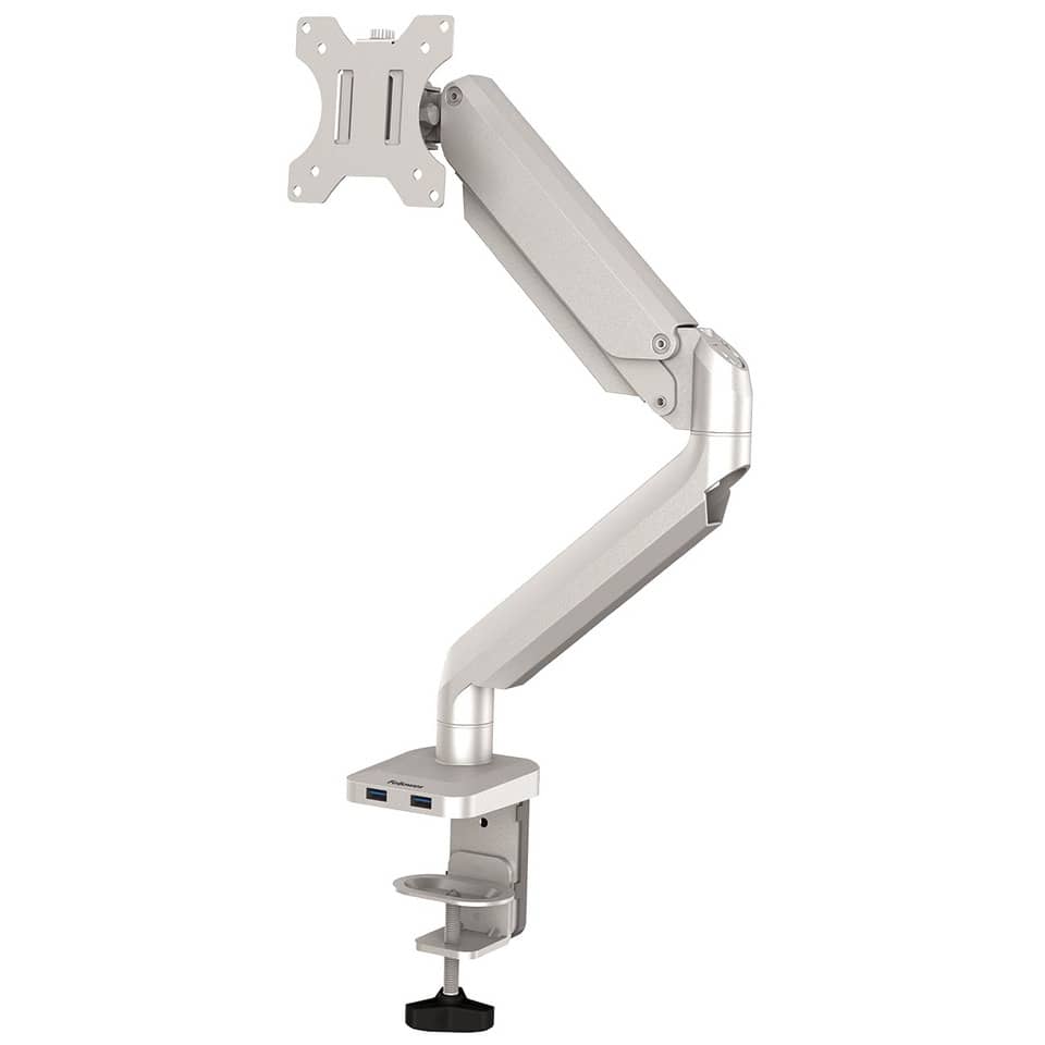 monitor-arm, articulating-arm, desk-mount, adjustable-arm, metallic-gray