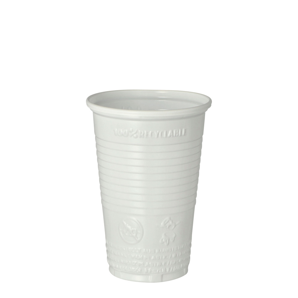 Becher, Einwegbecher, Kunststoff, weiß, rillendes Design