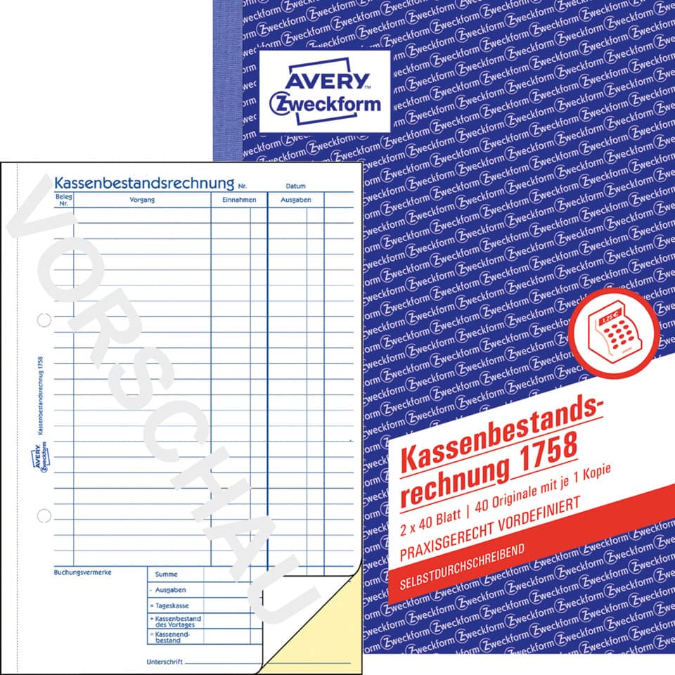 Kassenbuch, Kassenbestandsrechnung, Belegformular, Buchhaltung, Buchführung
