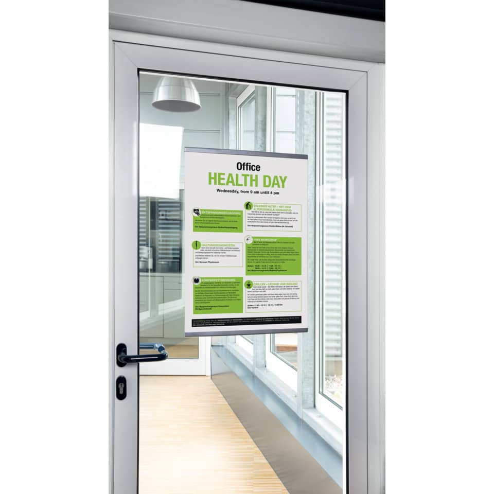 glass door, poster, office, green poster, indoor
