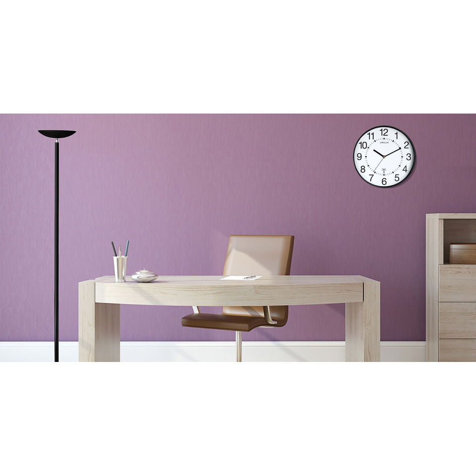 home office, Schreibtisch, Stuhl, lila Wand, Uhr