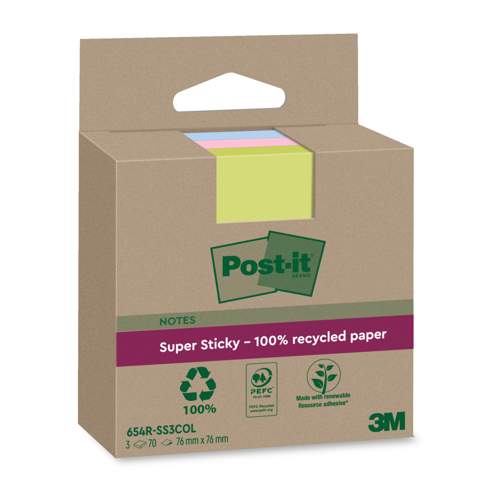 Notizen, Post-it, 100% recyceltes Papier, Klebeblatt, 3M