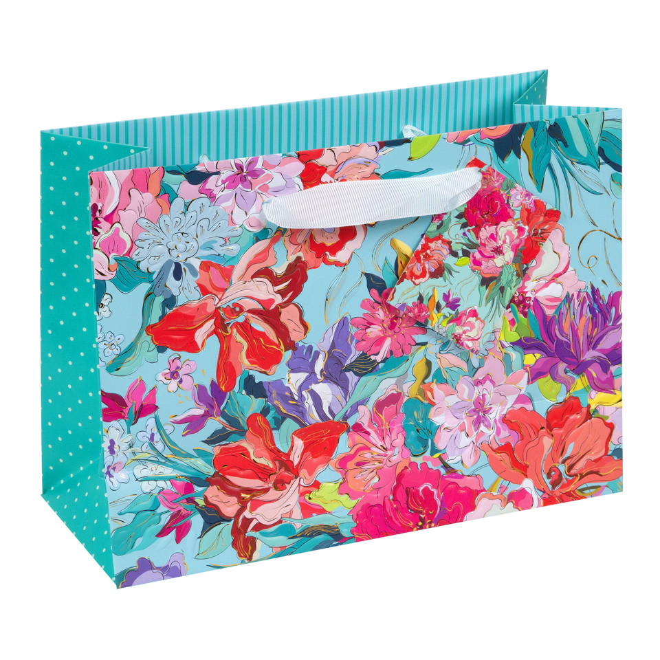 Einkaufstasche, Geschenksbeutel, Blumenmuster, leuchtende Farben, Griffband