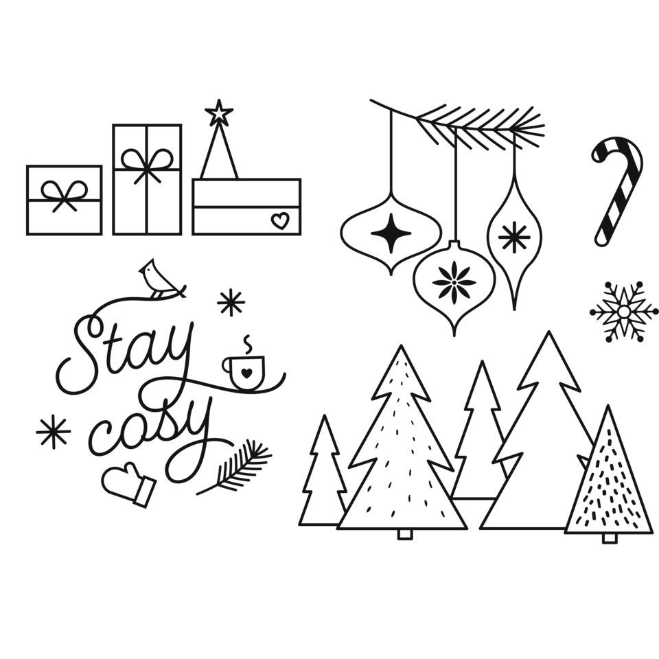 Weihnachtsdeko, Tannenbäume, Hängeornamente, Geschenke, Kaminzeitliches Motiv