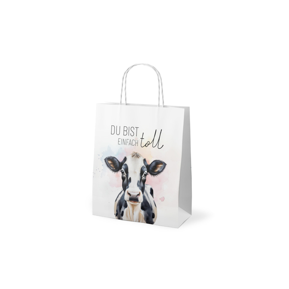 Tasche, Geschenkbeutel, Kuh-Illustration, Wassermalfarbene Gestaltung, Sloganschrift Du bist einfach toll
