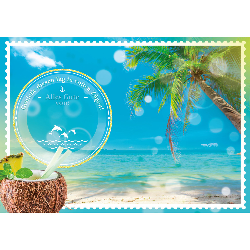 Sommerbild, Strand, Palme, Kokosnuss, Cocktail