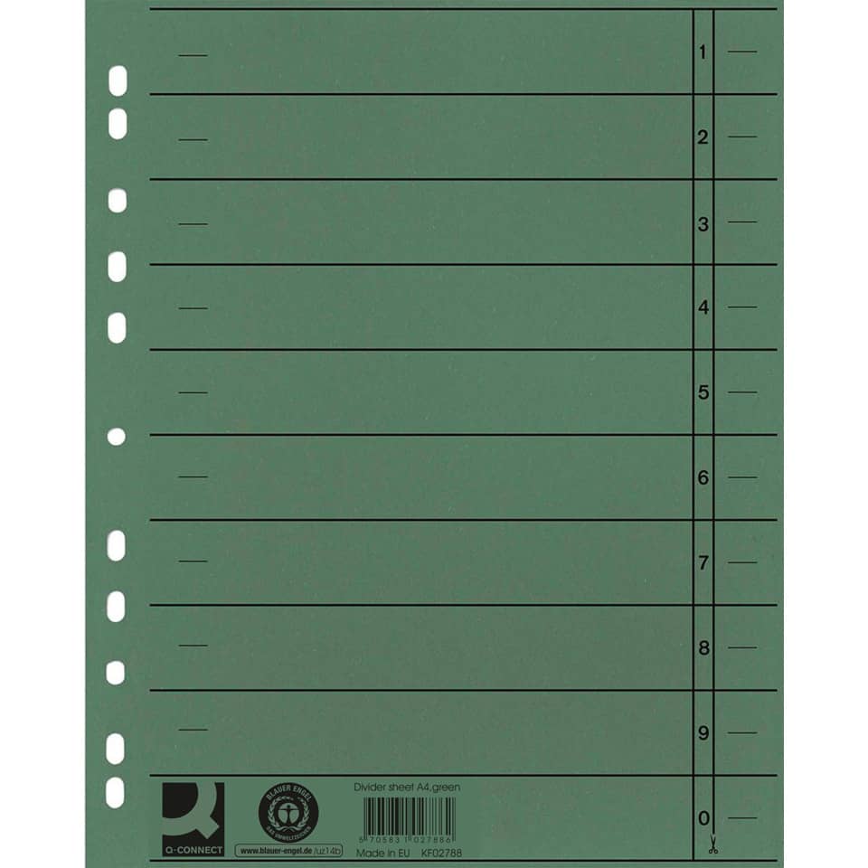 grüner Trennblatt, A4-Unterteilungsblatt, Lochband, Plastikblatt, Vorderseite Beschriftung