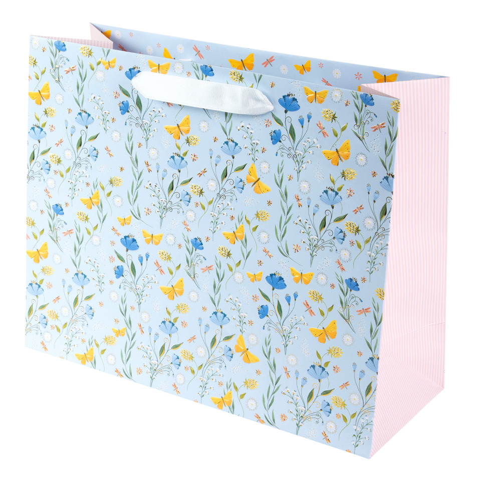 Geschenktüte, Papiergeschenkbeutel, Blumenmuster, Schmetterlingsmotiv, Pastellblau