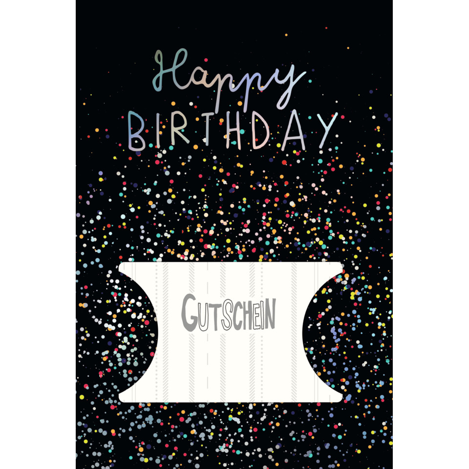 Gutschein, Geburtstag, Konfetti, Scrollticket, Kartenmotiv