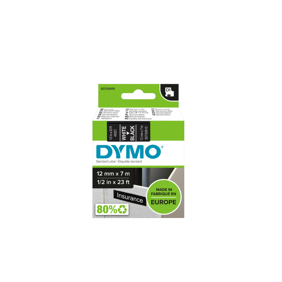 Dymo-Band, Etikettenband, Weißschwarz, 12 mm x 7 m, Europa hergestellt