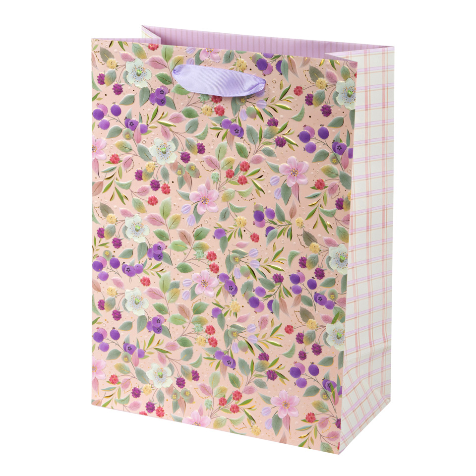 Geschenkverpackung, Blumenmuster, Papiertragetasche, Pastellfarben, Griffband-lila