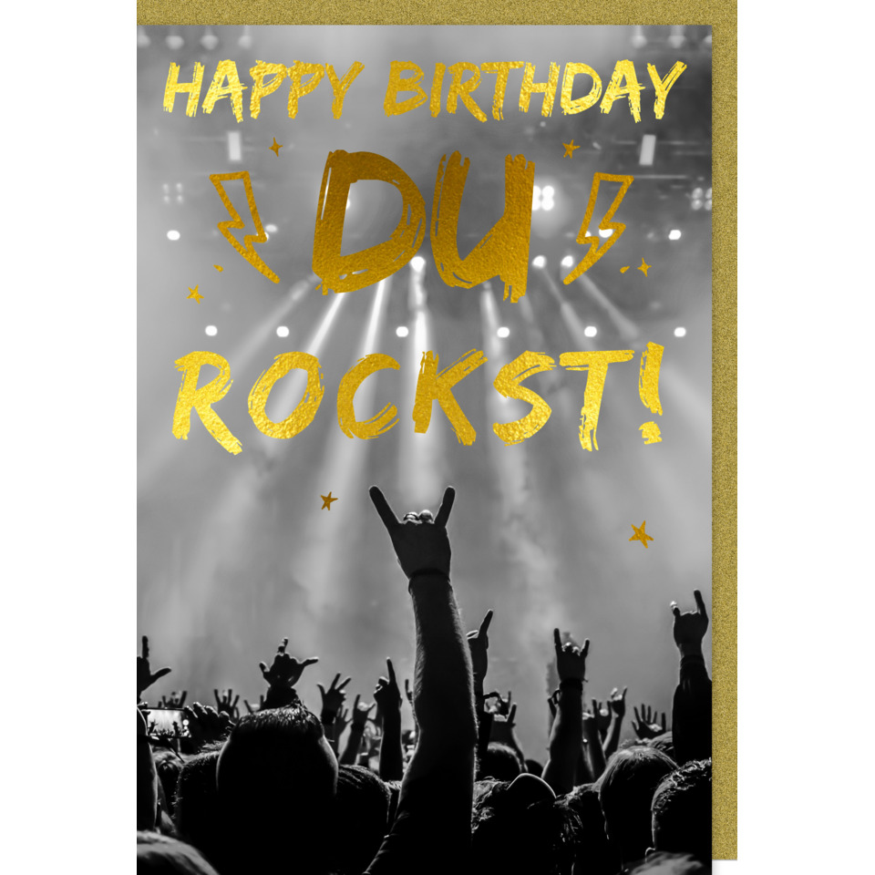 rockkonzert, menge, hände hoch, bühnenlicht, goldener text