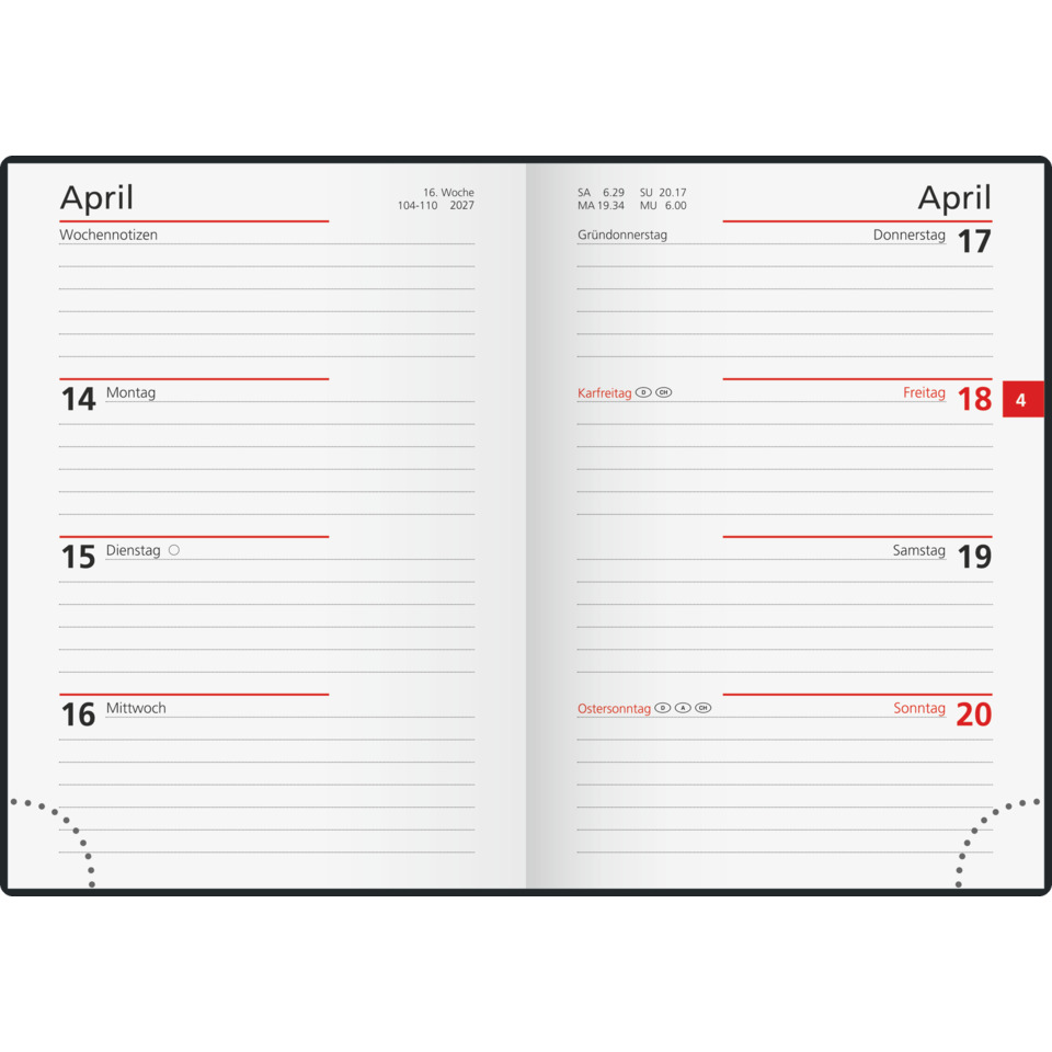 Kalender, Planer, Doppelseite, April, Wochenkalender