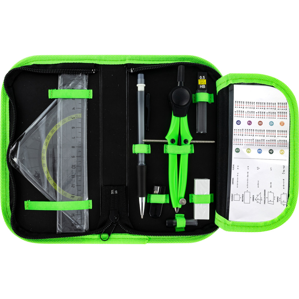 Schulbedarf, Geometrie-Set, Schere, Bleistift, Bleistiftspitzer
