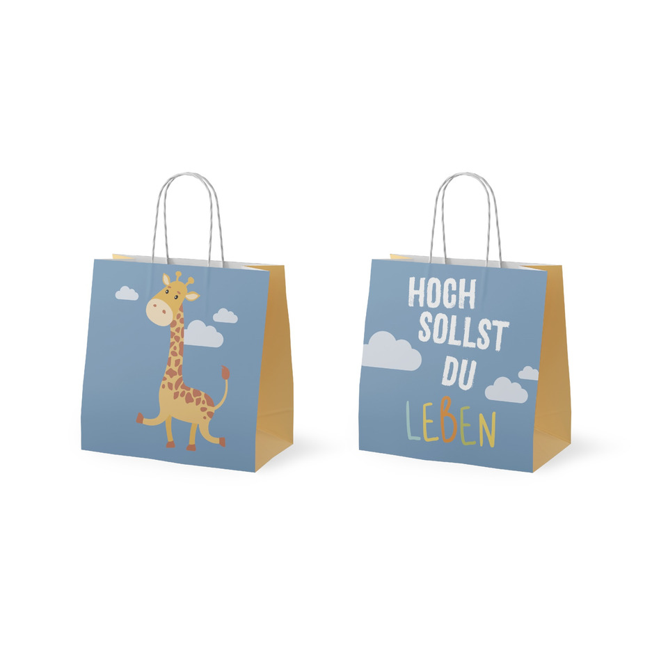Gutscheinverpackung, Giraffe, Luftballonmuster, Blaue Verpackung, Papiertragetasche