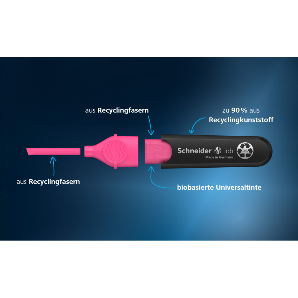 Recyclingfaser, aus Recyclingfaser, biobasierte Universaltinte, Recyclingkunststoff, Schneider Job