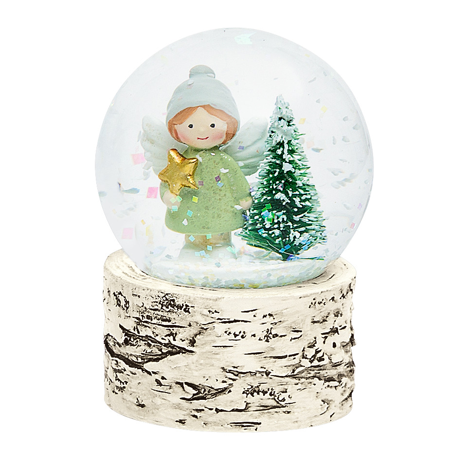 Schneekugel, Engel, Miniaturwald, Glitzer, Holzsockel