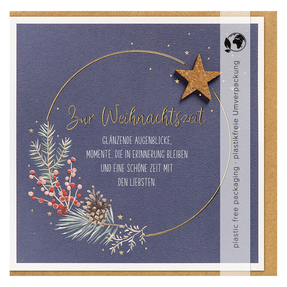 weihnachtskarte, goldene fernsel, stern, zweige, glitzer