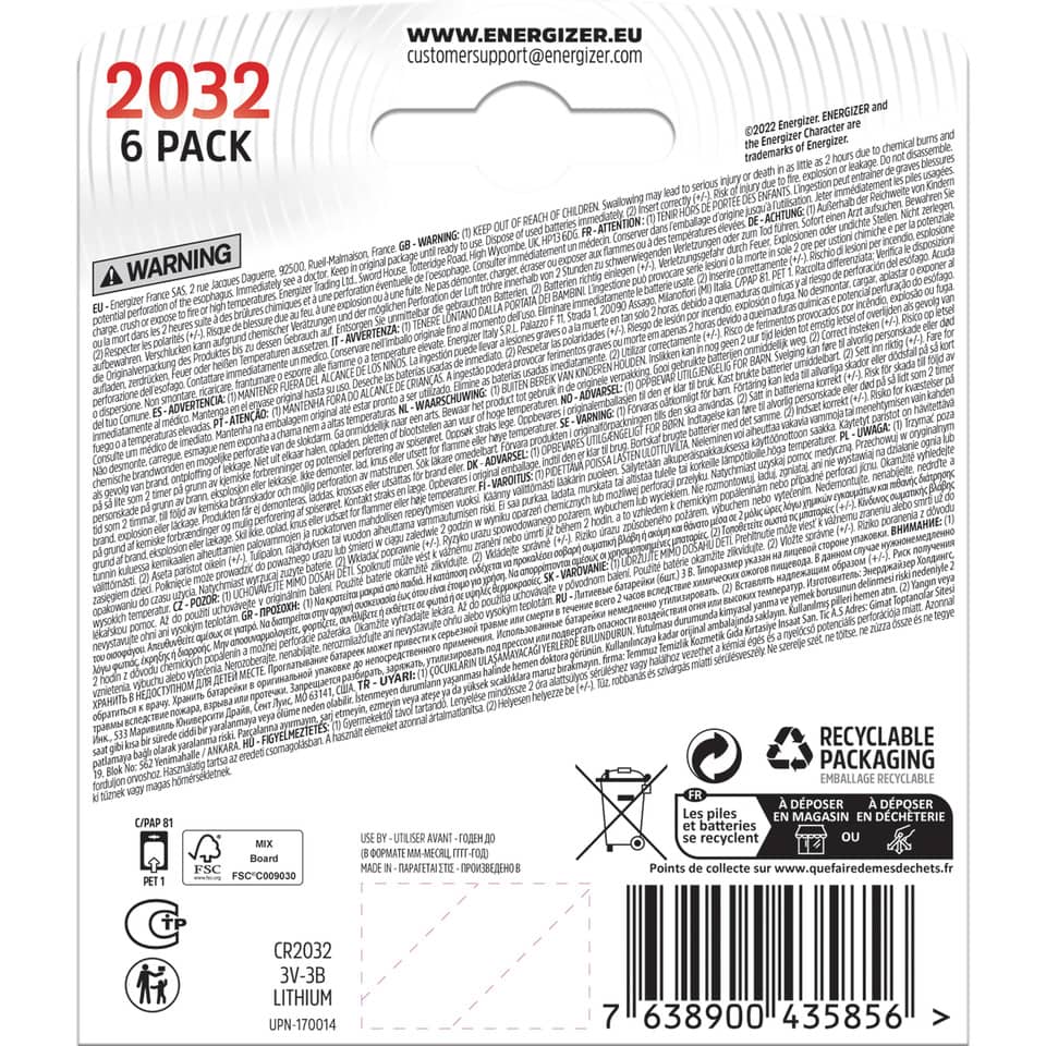 6er Pack, Energieprodukt, Rückseite Verpackung, CR2032, Lithium-Batterie