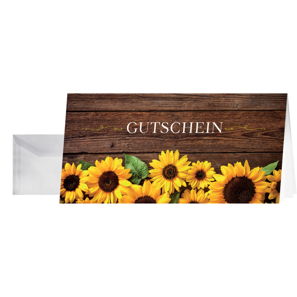 Gutschein, Sonnenblumen, Holzoptik, Holzwand, Gutscheinkarte