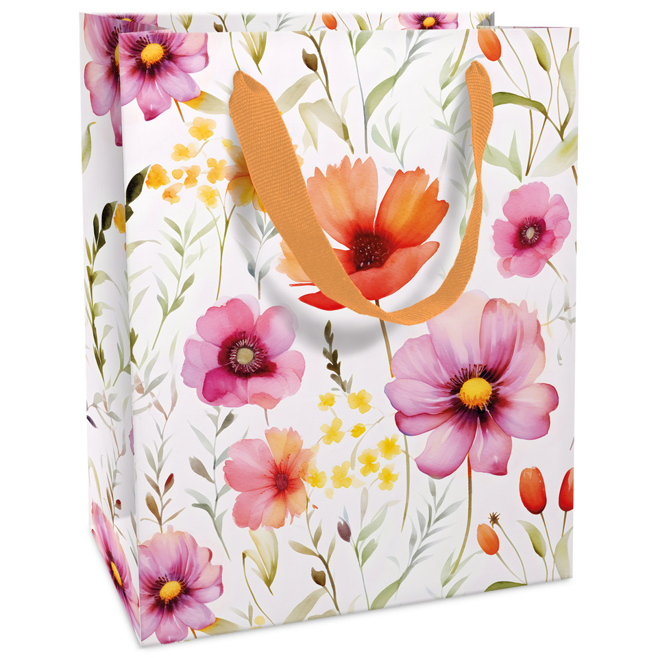 Geschenktüte, Blumenmuster, Tragetasche, Papierbeutel, Orange Grifflasche
